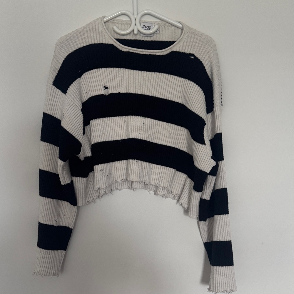 Cream and Black Striped distressed crop Sweater